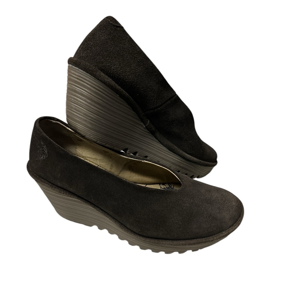 FLY LONDON YAZ SUEDE BALLERINA WEDGE BROWN ROUND TOE SHOES 9.5